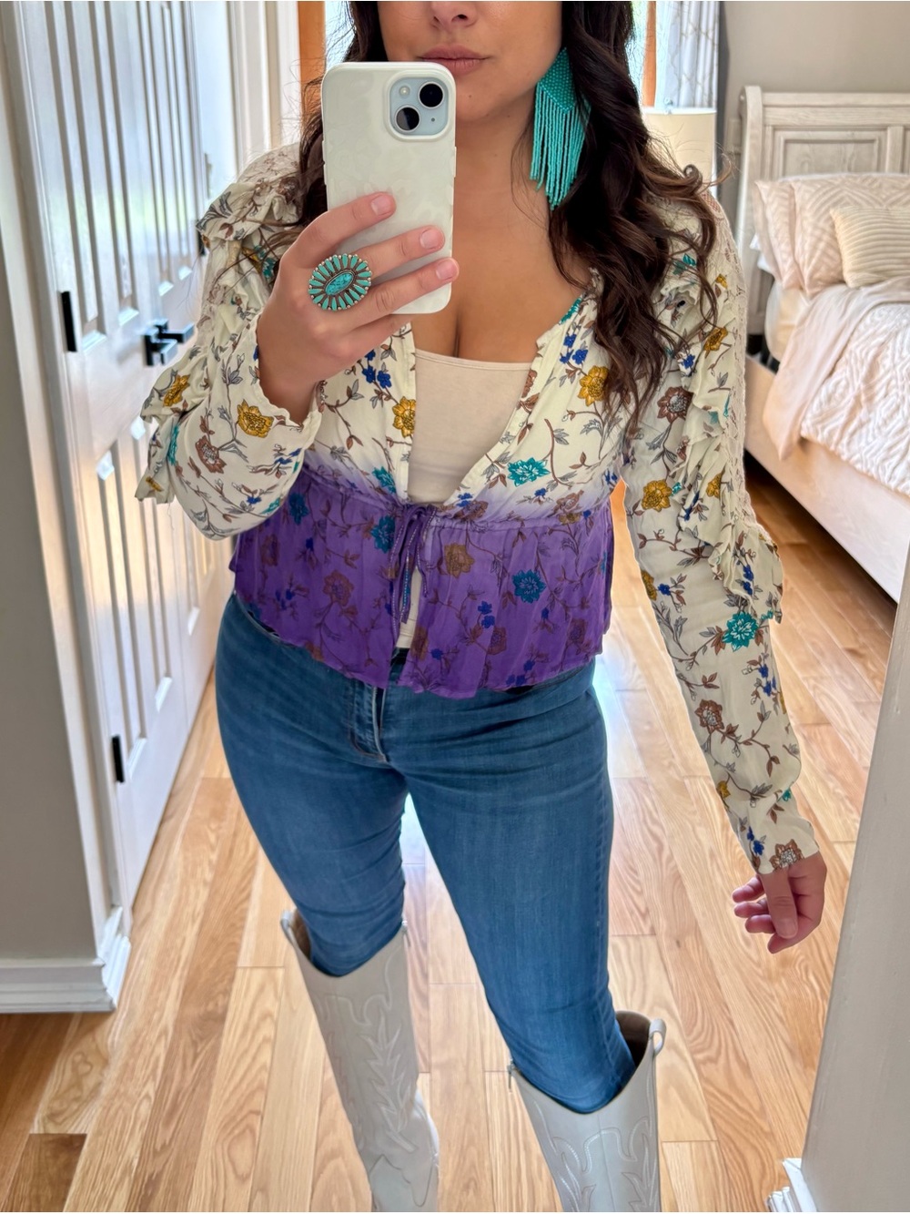 Gimmicks ombré ruffle sleeve tie front top